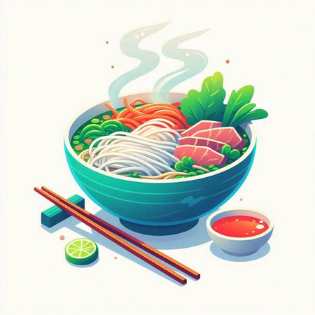 Illustration of japanese noodle soup in bowl with chopsticksのイラスト素材