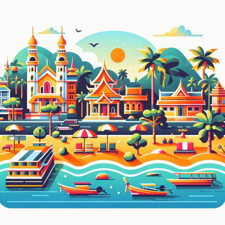 Vector illustration of a summer cityscape on a white background with palm trees, river, buildings, houses and boats.のイラスト素材