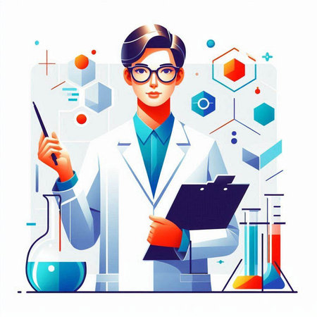 Scientist in lab coat and glasses with clipboard. Vector illustration in flat styleのイラスト素材