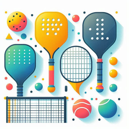 Tennis flat icons set. Tennis racket, ball, rackets and net. Vector illustrationのイラスト素材