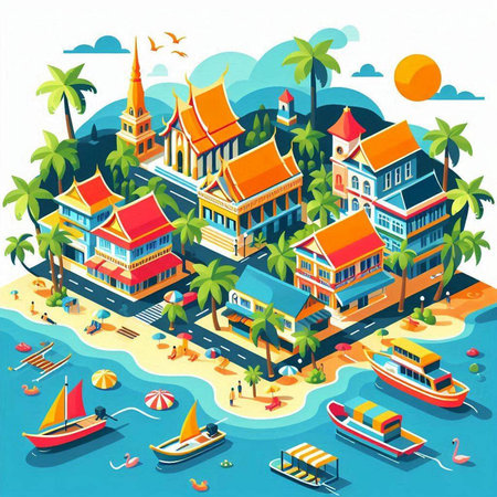 Vector isometric illustration of a tropical island with beach, palm trees, boats and housesのイラスト素材