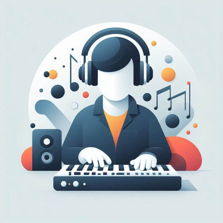 Man with headphones playing music on a computer keyboard. Vector illustration.のイラスト素材