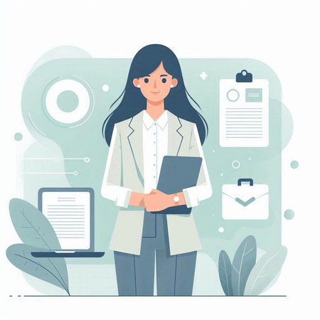 Business woman standing in front of laptop and documents. Vector illustration.のイラスト素材