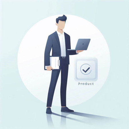 Businessman with laptop and check mark. Vector illustration in cartoon styleのイラスト素材