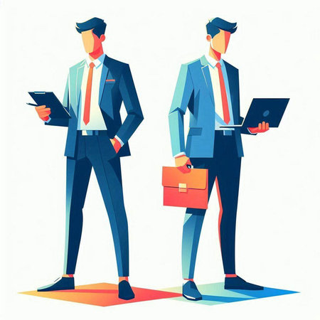 Vector illustration of two businessmen standing with laptop and briefcase in their hands.のイラスト素材