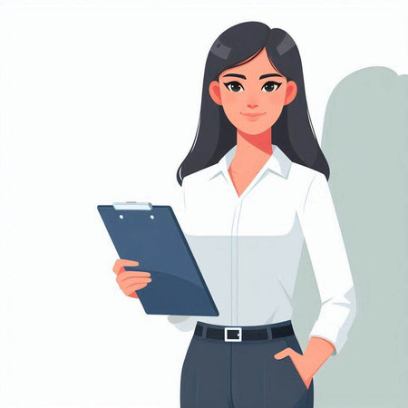 Businesswoman holding clipboard and looking at camera. Vector illustration in cartoon styleのイラスト素材
