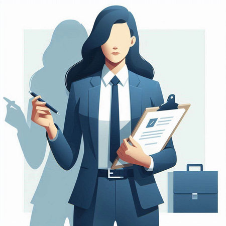 Vector illustration of a businesswoman holding a clipboard and a pen.のイラスト素材