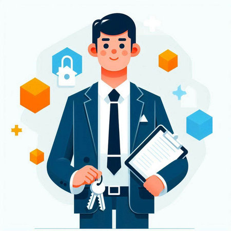 Real estate agent with keys in hand. Vector illustration in flat styleのイラスト素材
