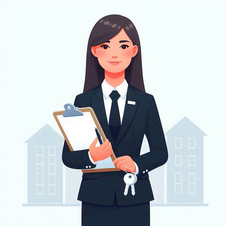 Real estate agent holding keys and clipboard. Vector illustration in cartoon styleのイラスト素材