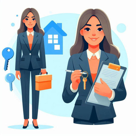 Real estate agent woman with house keys and clipboard. Vector illustration.のイラスト素材