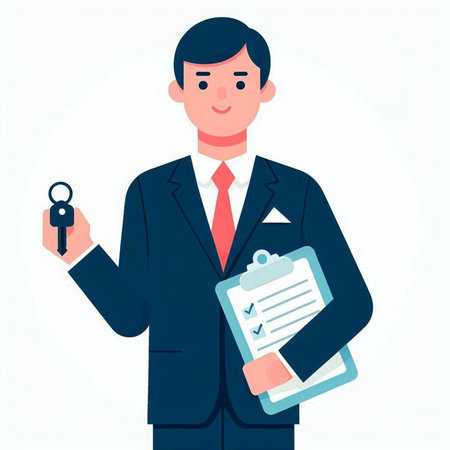 Real estate agent with keys and clipboard. Vector illustration in flat styleのイラスト素材