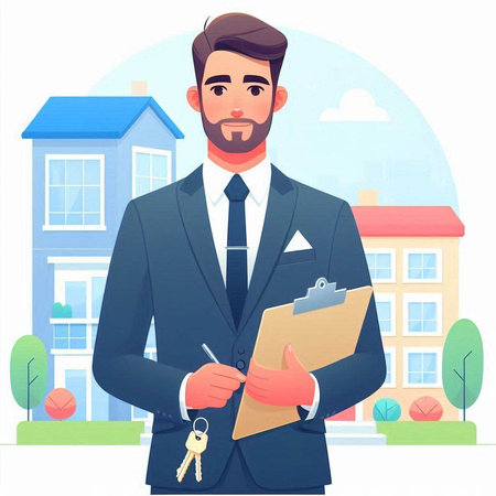 Real estate agent holding keys and clipboard. Vector illustration in cartoon styleのイラスト素材