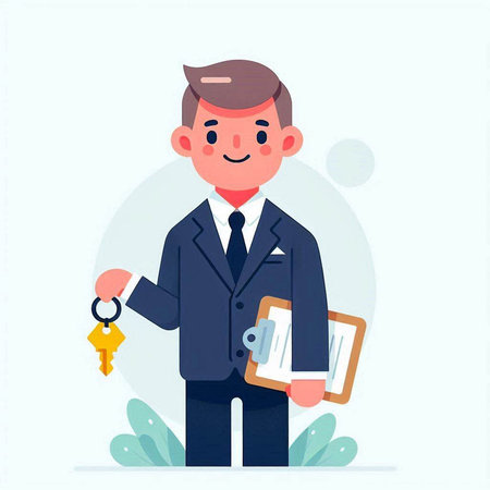 Real estate agent holding clipboard with keys and house on background. Vector illustration.のイラスト素材