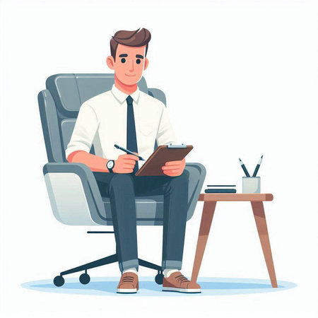 Businessman sitting in armchair and writing on clipboard. Vector illustration.のイラスト素材