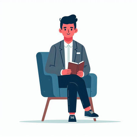 Young man sitting in armchair and reading book. Flat vector illustration.のイラスト素材