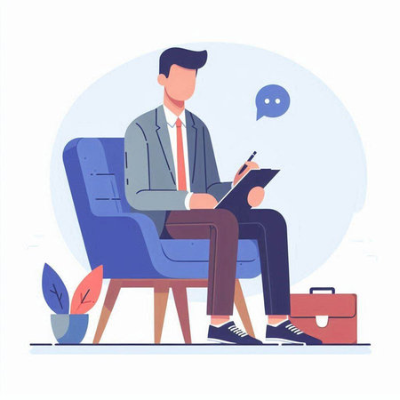 Businessman sitting in armchair and writing in notebook. Flat vector illustration.のイラスト素材