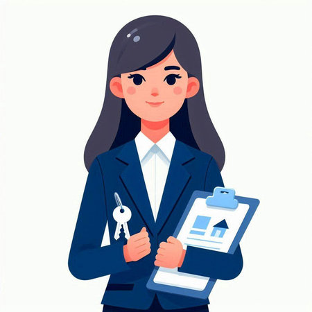 Real estate agent with keys and clipboard. Vector illustration in cartoon styleのイラスト素材