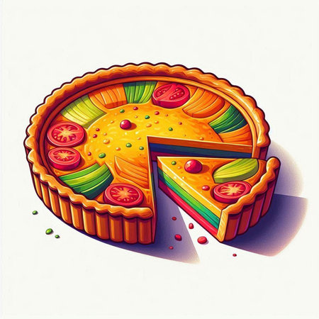 Illustration of a pie with tomato and cheese on a white backgroundのイラスト素材