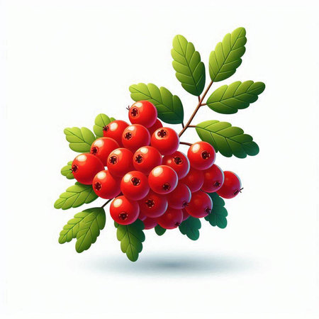 Red rowan berries with green leaves isolated on white background. Vector illustration.のイラスト素材