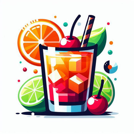 Cocktail with orange, cherry and ice. Vector illustration.のイラスト素材