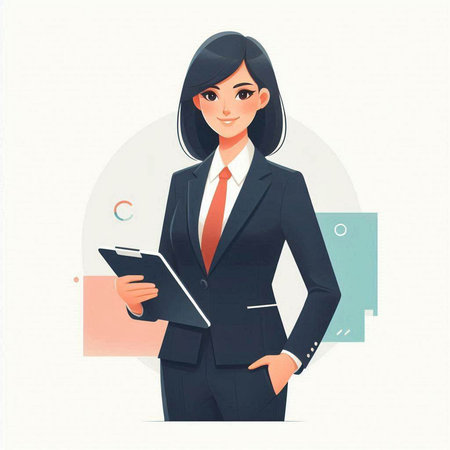 Young businesswoman standing with notebook and pen in hands. Vector illustration.のイラスト素材
