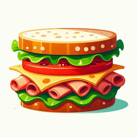 Sandwich with ham, cheese, tomato and lettuce. Vector illustration.のイラスト素材