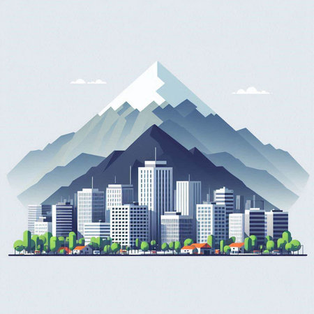 Cityscape with mountains and buildings. Vector illustration. Eps 10.のイラスト素材
