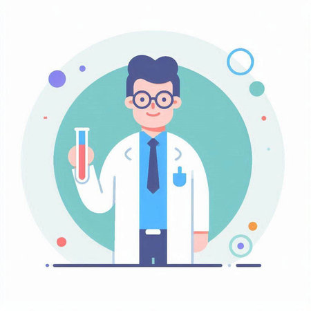 Scientist with test tube in his hand. Vector illustration in flat styleのイラスト素材