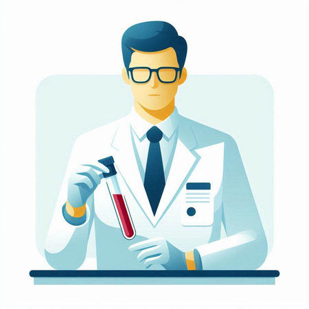 Scientist holding test tube with blood sample. Vector illustration in cartoon styleのイラスト素材