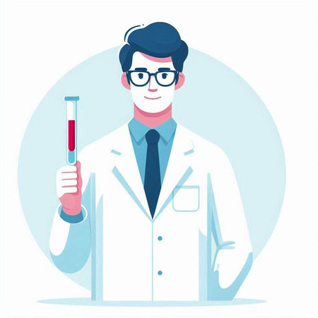 Male scientist holding test tube with blood sample. Vector illustration in a flat styleのイラスト素材