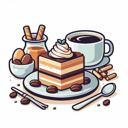 Coffee and cake with whipped cream and coffee beans. Vector illustration.のイラスト素材