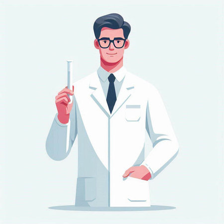Male scientist in lab coat holding test tube. Vector illustration in cartoon styleのイラスト素材