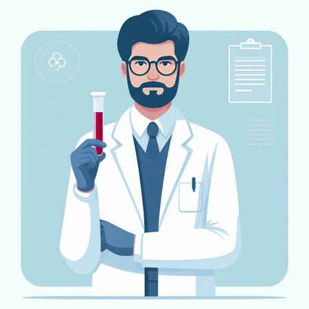 Scientist man holding a test tube. Vector illustration in flat styleのイラスト素材