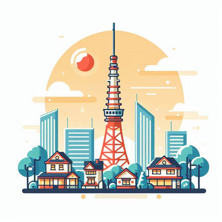 Tokyo tower in Tokyo, Japan. Vector illustration in flat styleのイラスト素材