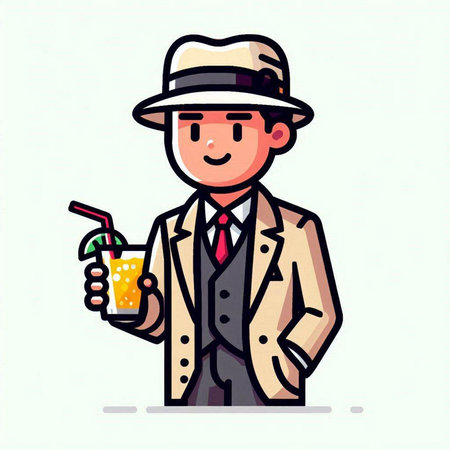 Man in a hat with a cocktail in his hand. Vector illustration.のイラスト素材