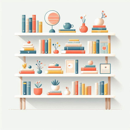 Illustration of bookshelves with books and decorations on white backgroundのイラスト素材