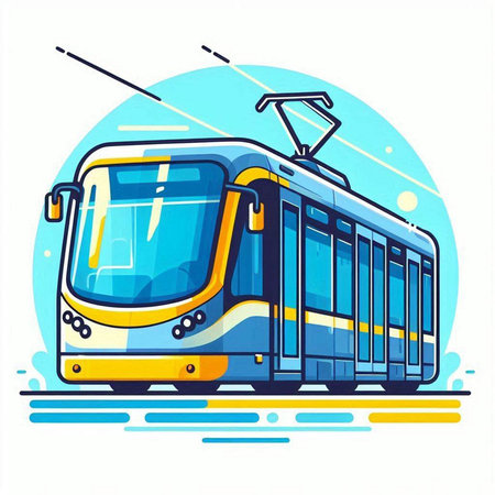 Vector illustration of modern electric tram on blue background. Public transport concept.のイラスト素材