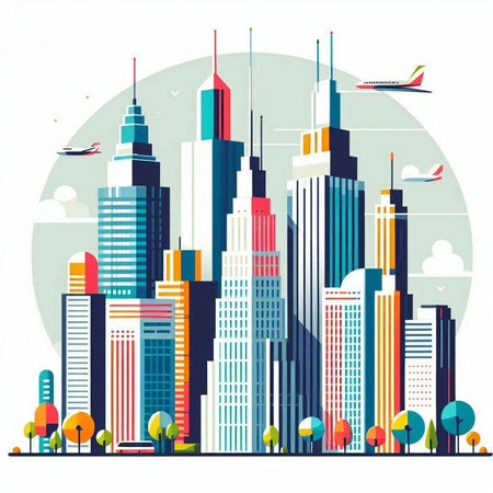 Cityscape with skyscrapers and buildings. Vector illustration in flat style.のイラスト素材