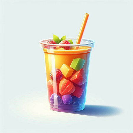 Fruit smoothie in a plastic cup with a straw. Vector illustration.のイラスト素材