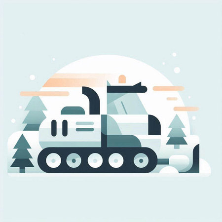 Vector illustration of snowcat with trees and snowflakes in flat style.のイラスト素材
