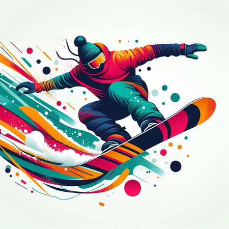 Vector illustration of snowboarder jumping on colorful background with grunge elementsのイラスト素材
