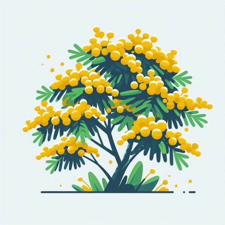 Mimosa tree with yellow flowers. Hand drawn vector illustration.のイラスト素材