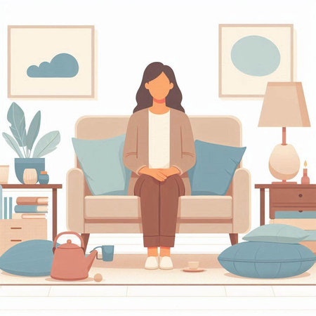 Woman sitting on sofa in living room. Vector illustration in flat styleのイラスト素材