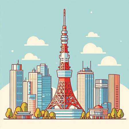 Tokyo tower in Tokyo, Japan. Vector illustration in flat style.のイラスト素材