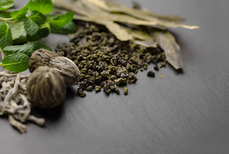 Assortment of dry tea. Tea composition with different kind of tea. Tea concept.
の写真素材