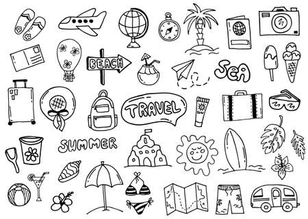 Doodle set summer tourism. Hand-drawn image for print, sticker, web, various designs. Vector tepatic elements of travel, recreation, tourism.のイラスト素材