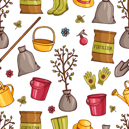Seamless pattern with the image of various tools for the garden. Colored vector background for textile decoration, gift wrapping, souvenir products.のイラスト素材