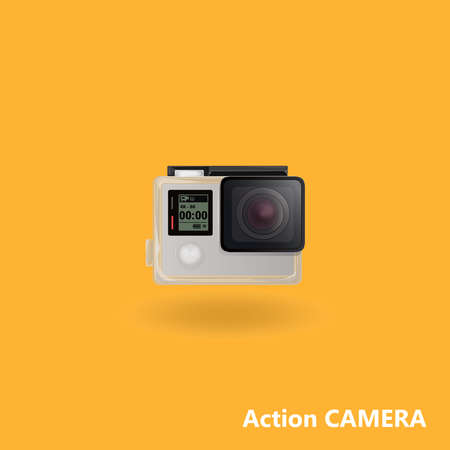Action extreme camera vector illustration Eps symbol. New model photo, video camera equipment for filming extreme sports. Action camera in waterproof box. Equipment for filming extreme sports.のイラスト素材