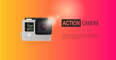 Action camera on colorful background.   camera. Banner, Vectorのイラスト素材