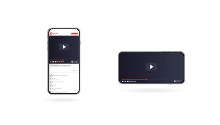Video player design template for web and mobile apps flat style. Play video online mock up. Subscribe button. Vertical and horizontal video. Vector illustration.のイラスト素材